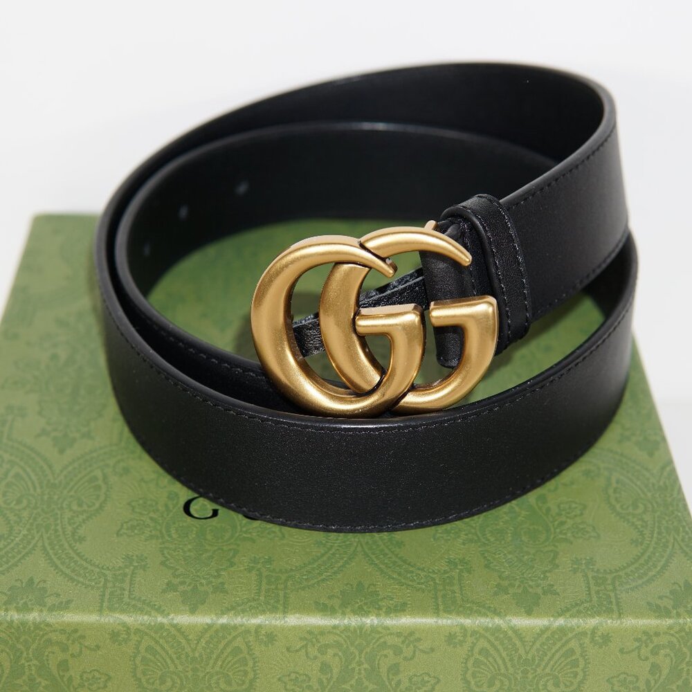 GUCCI Black Grain Leather Interlocking GG 33 mm MARMONT Belt 32/80